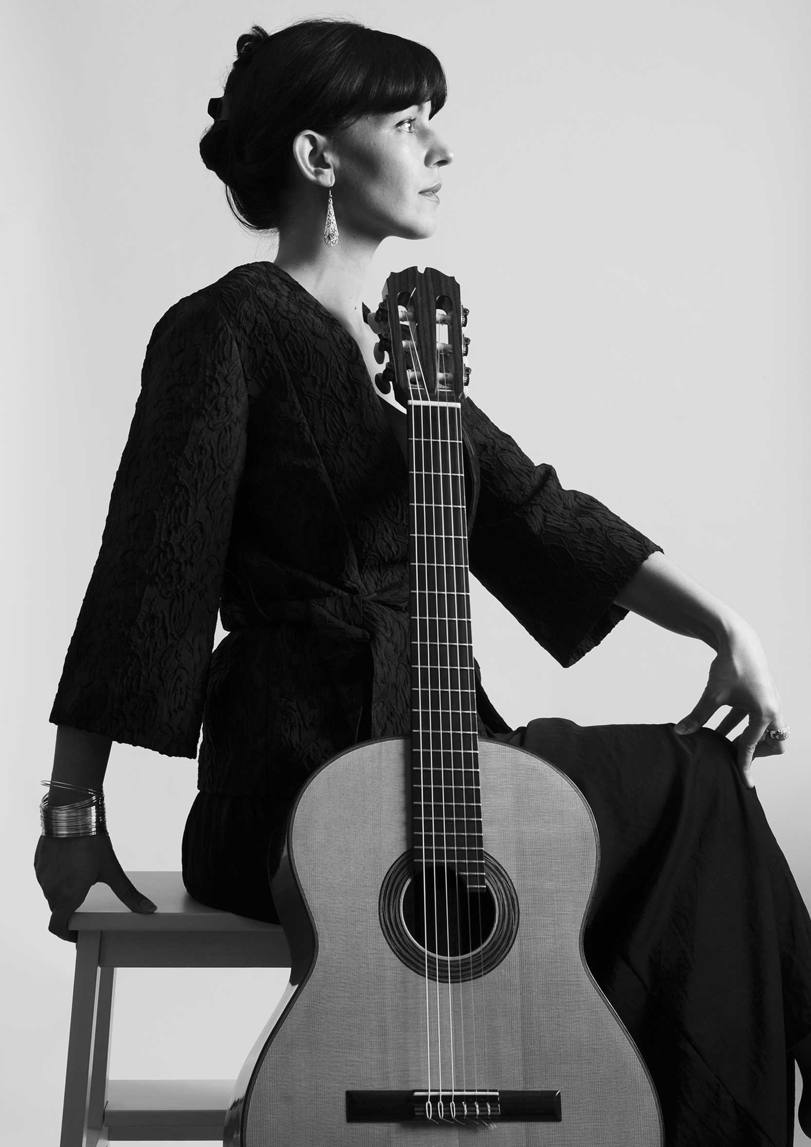 Portrait, Bijoux, Femme, Mode, Black and white, artiste, musicien, gutariste, guitare classique